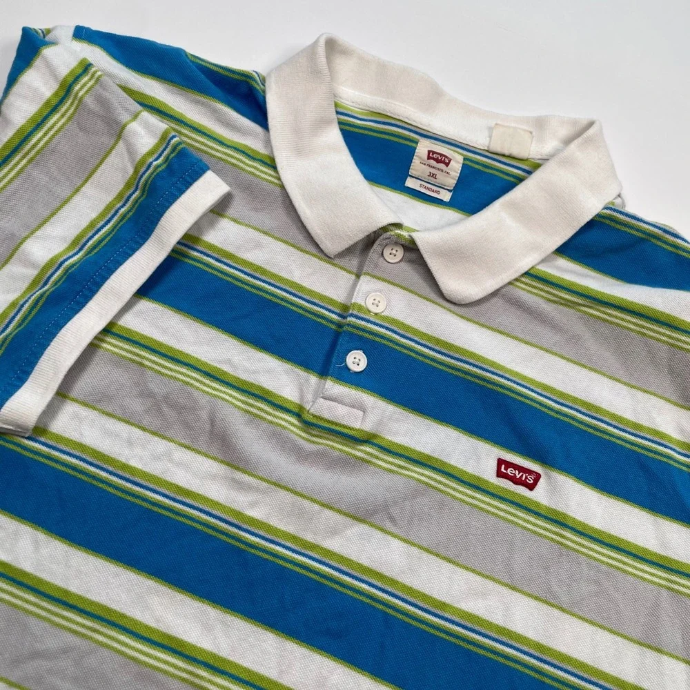 VTG Levis Mens 3XL Standard Fit Striped Polo Shirt Short Sleeve Blue Green